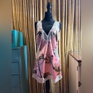 Legendary Whitetails Pink Realtree Camo Satin & Lace Mini Slip Dress Y2K Large